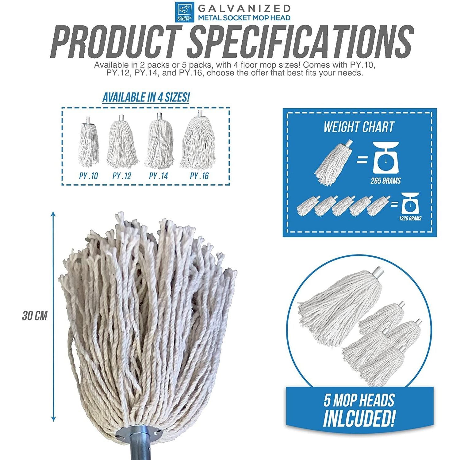 Cotton Mop with Galvanised Socket Fitting - 14 PY - Pack of 5