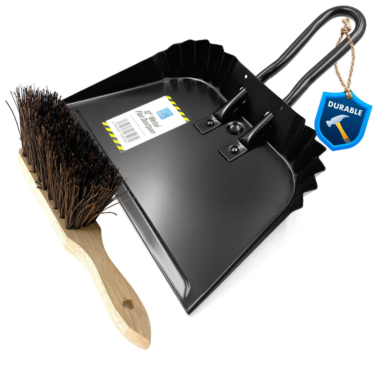 12" Metal Iron Flat Dustpan with Stiff Hand Brush