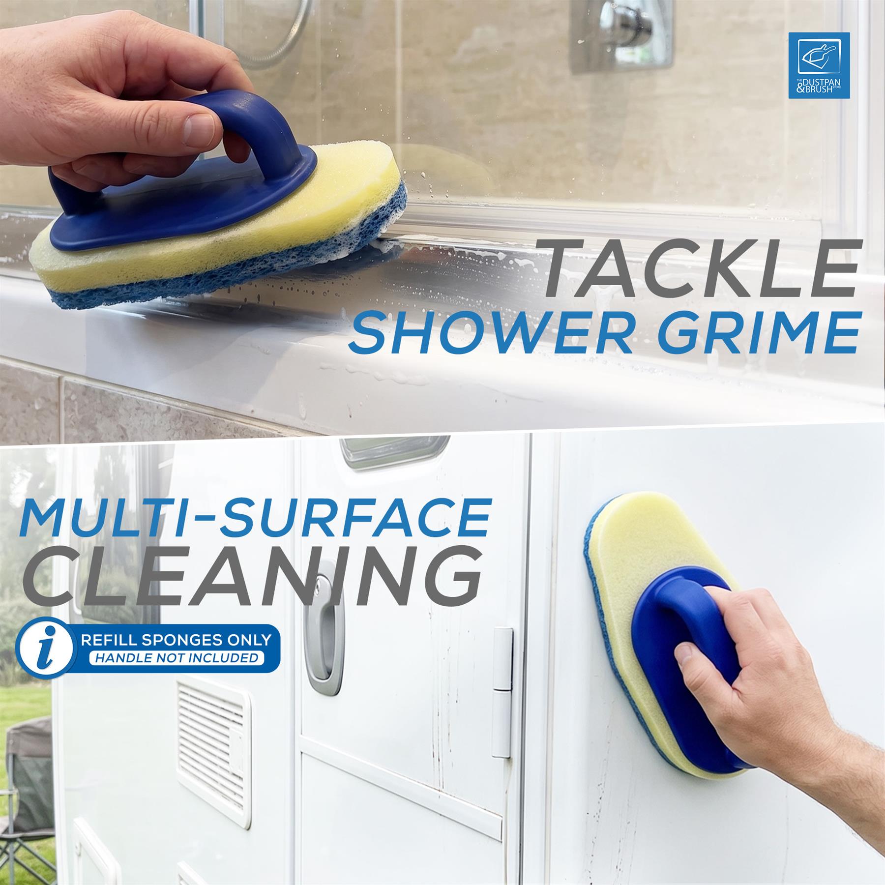 A two-panel demonstration of a multi-surface cleaning sponge being used to clean a bathtub and a white refrigerator. The sponge has a blue handle and a dual-sided yellow and blue sponge head.