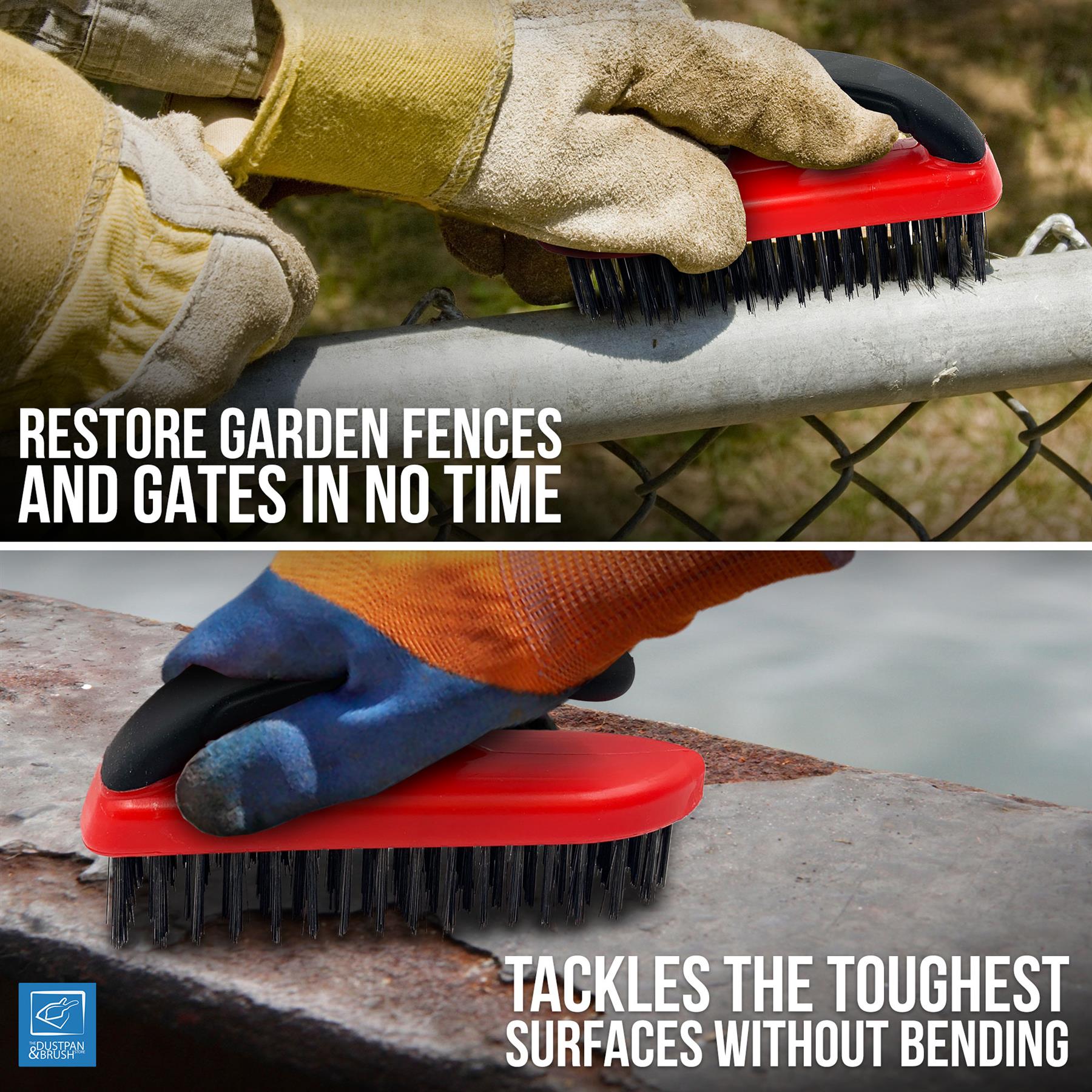 A two-panel promotional image showing a red and black scrub brush being used on a chain-link fence and a stone surface, with gloved hands visible. Large text reads 'RESTORE GARDEN FENCES AND GATES IN NO TIME' and 'TACKLES THE TOUGHEST SURFACES WITHOUT BENDING'.