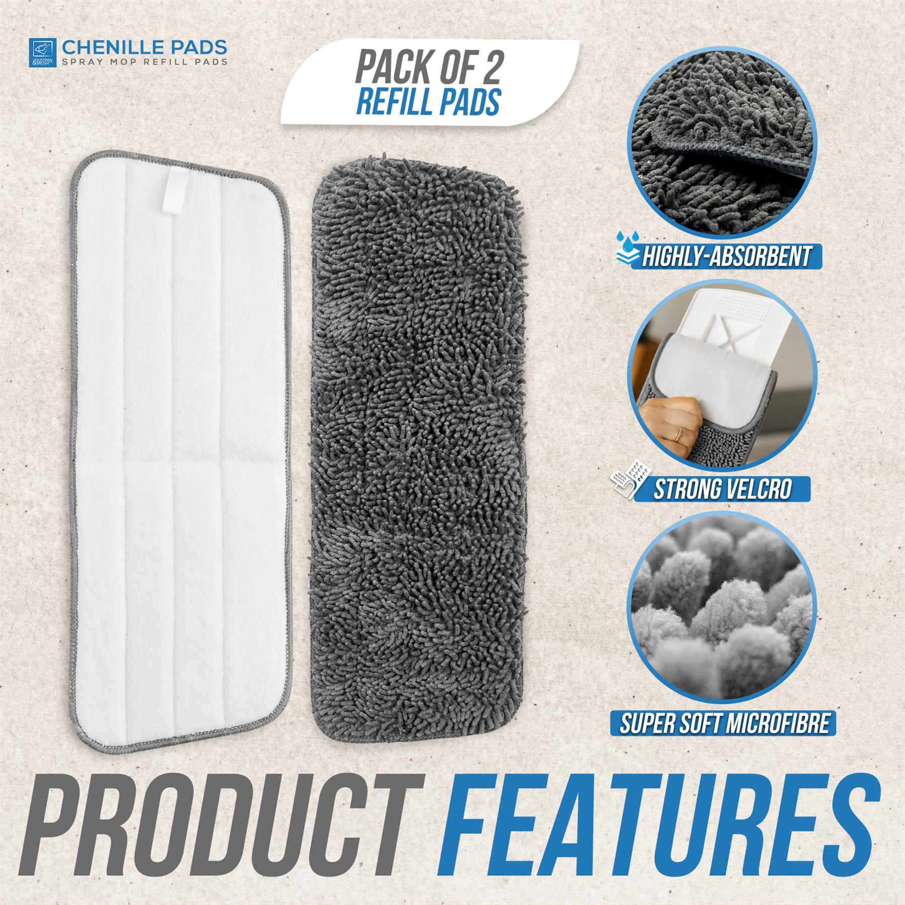 Spray Mop Chenille Replacement Pads Pack of 2