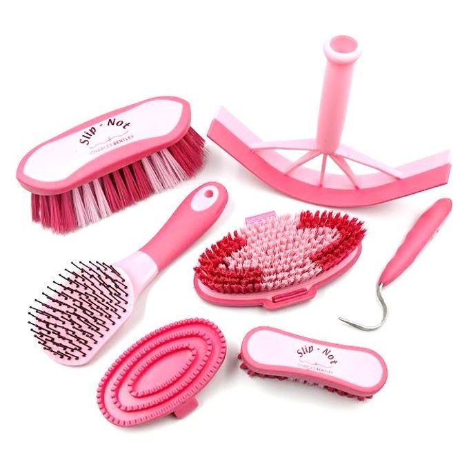 Charles Bentley Slip-Not Equestrian Horse Grooming Cleaning Brush Kit Pink Set