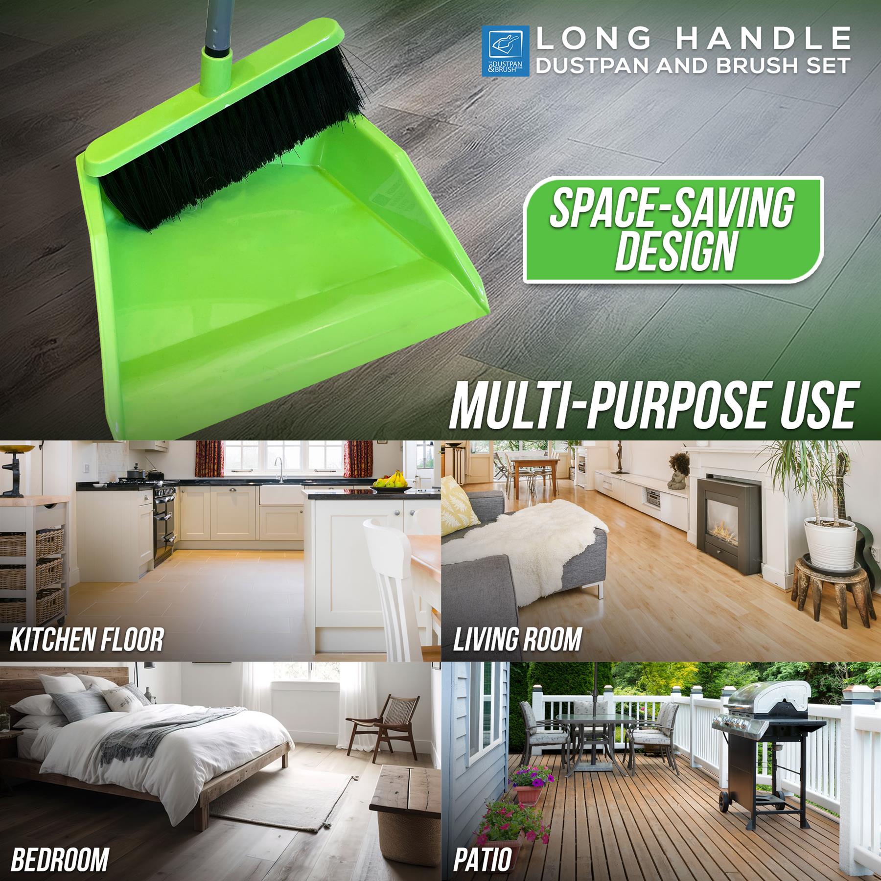Bright green long-handle dustpan and brush set shown on a wood floor, with promotional text and four lifestyle room scenes below showing use in kitchen, living room, bedroom, and patio.