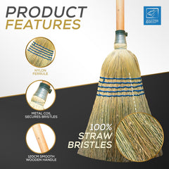 A straw broom with a wooden handle and blue bands, shown on a split white and dark gray background with product feature callouts and circular close-ups of the nylon ferrule, metal coil, and bristles.