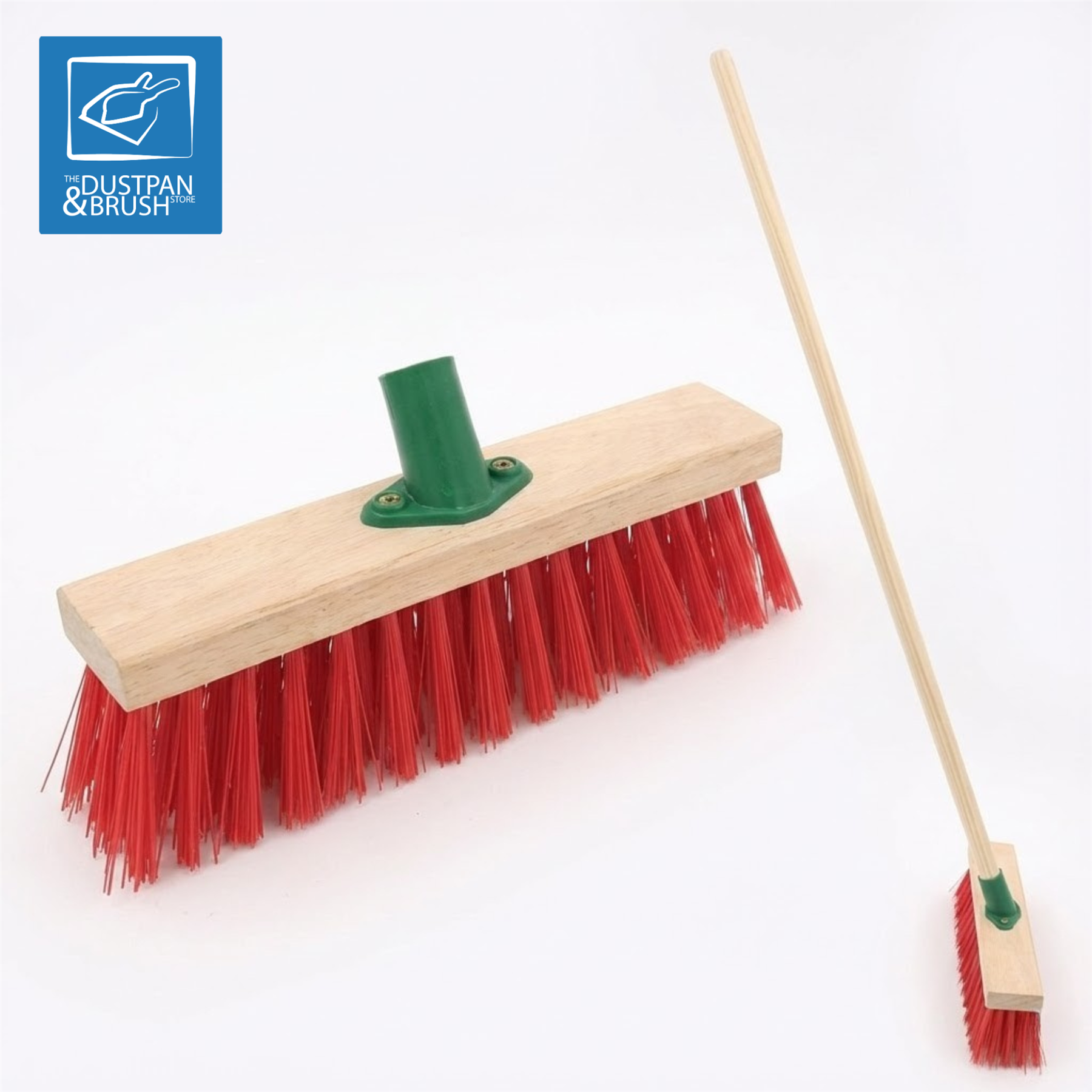 Image of 11.5" Stiff Red PVC Broom Head Stiff Outdoor Brush Head with Bracket with a handle in the bracket to show example of what it will look like 