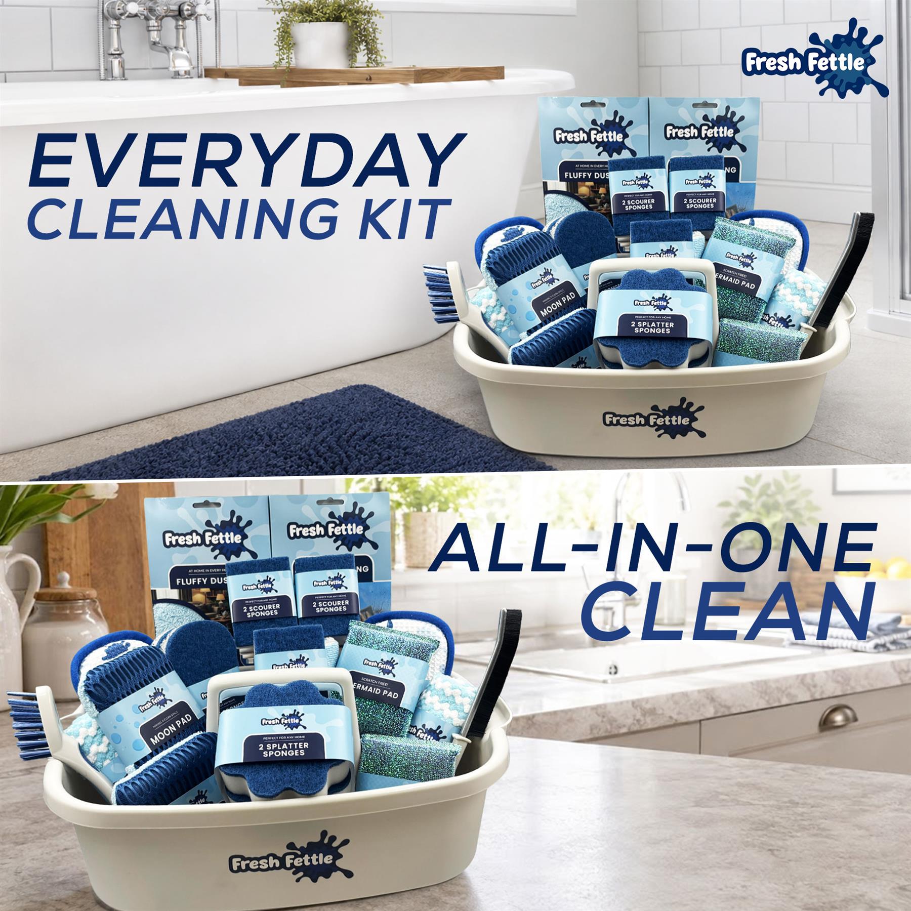 A two-panel collage showing a Fresh Fettle everyday cleaning kit arranged in a beige plastic tub on a bathroom counter and a bathtub. The kit includes blue and white packaged scrubbers, a sponge, a brush, and other cleaning tools.
