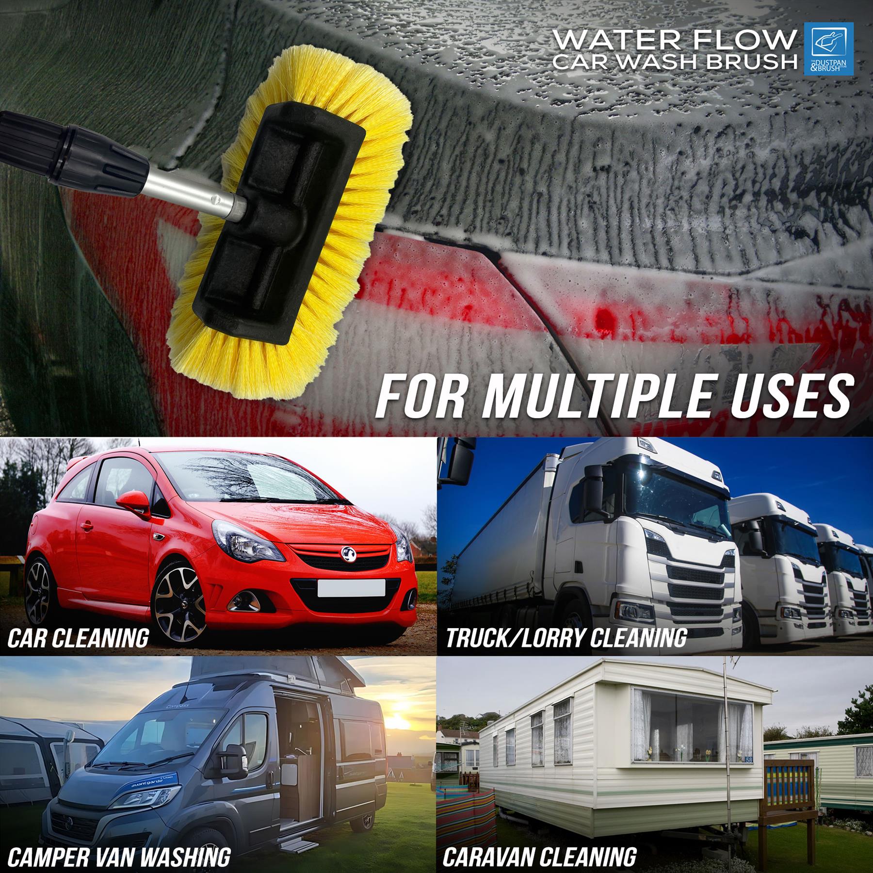 Water flow car wash brush shown in a collage with four usage examples: a red car, trucks, a camper van, and a caravan. The main image shows the brush cleaning a vehicle with soapy water, and the text reads 'WATER FLOW CAR WASH BRUSH' and 'FOR MULTIPLE USES'.