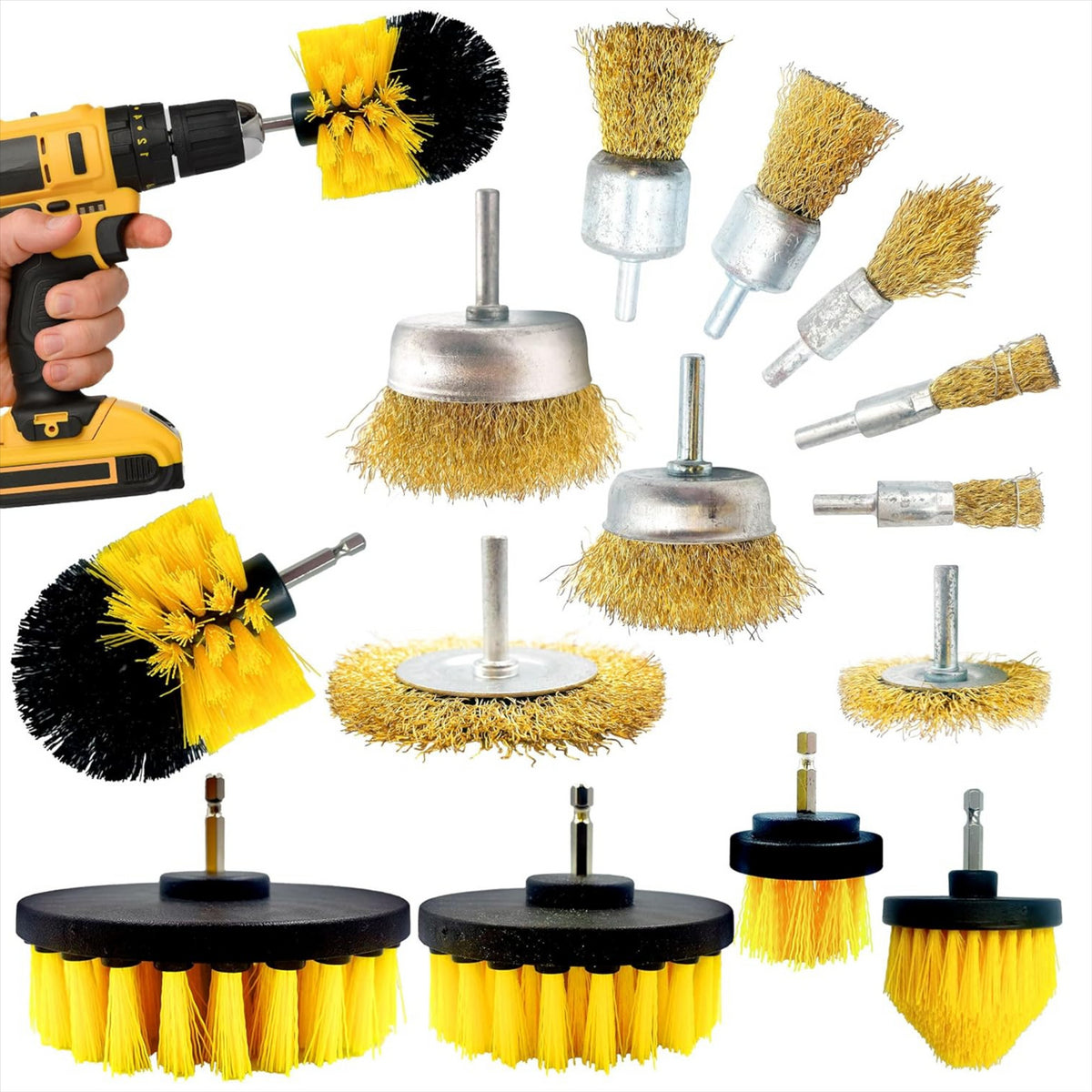 Drill Brush Duo Set - 5 piece Plastic and 9 piece Wire