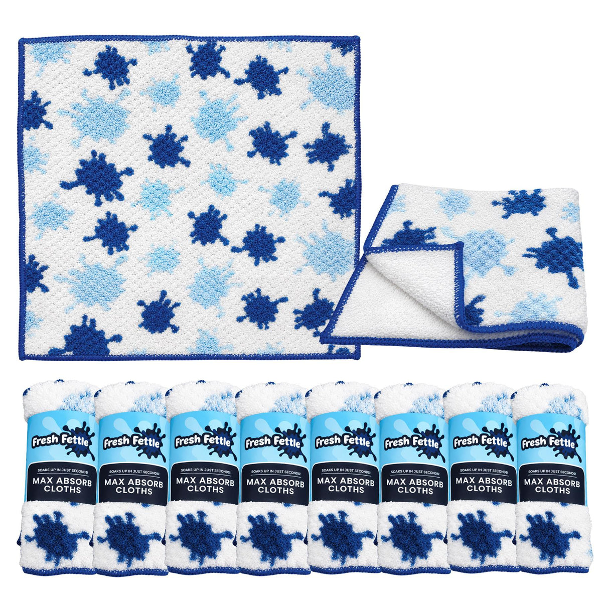 Pack of 8 Fresh Fettle Max Absorb Microfibre Cloths on a white background