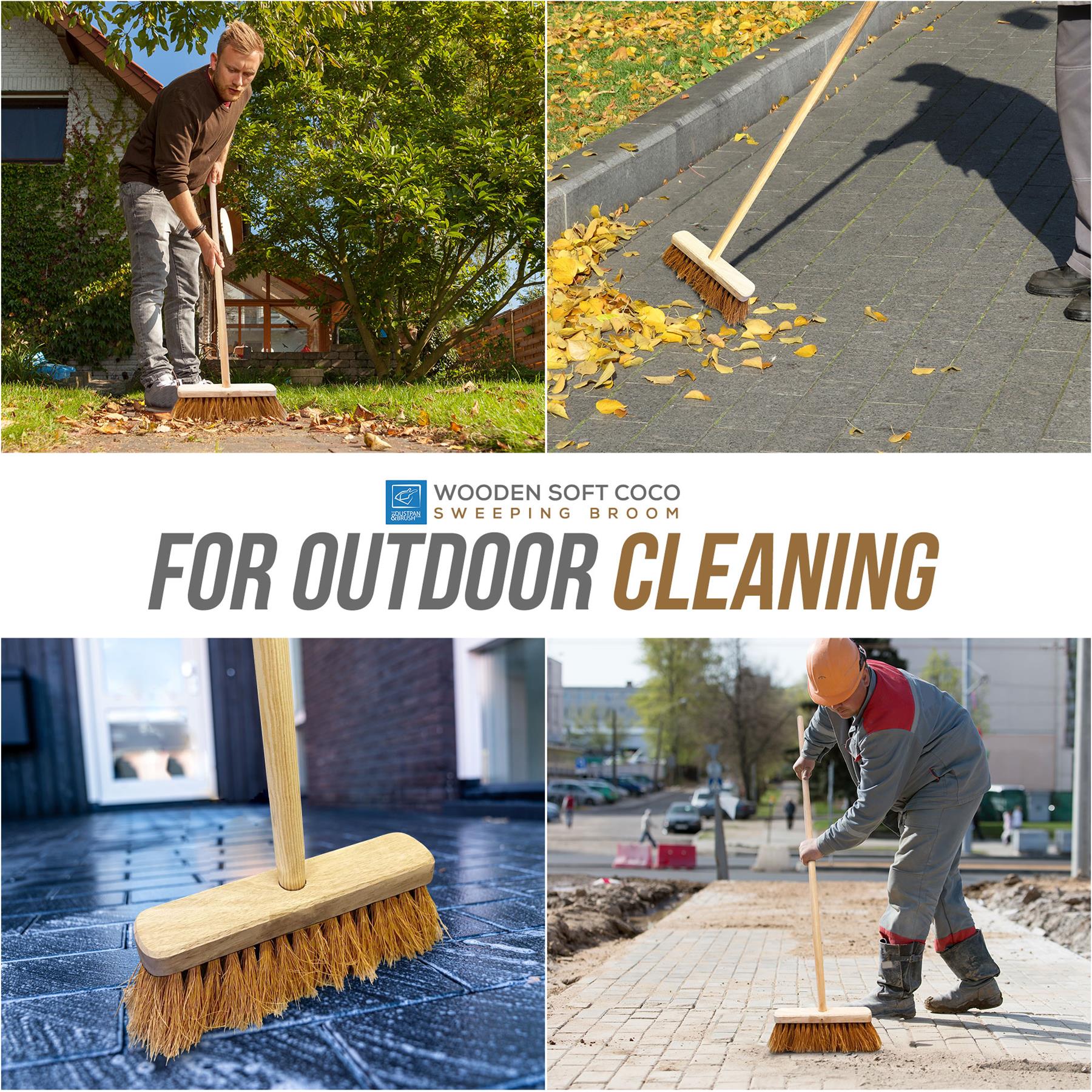 A four-panel collage showing a wooden soft-coco outdoor sweeping broom in use on grass, pavement with fallen leaves, a dark tiled floor, and a brick walkway, with the text 'FOR OUTDOOR CLEANING' and the brand 'WOODEN SOFT COCO SWEEPING BROOM' across the center.