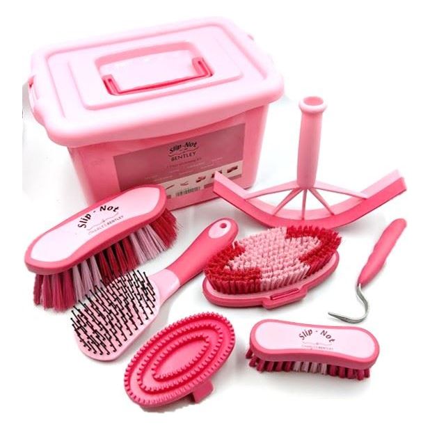 Charles Bentley Slip-Not Equestrian Horse Grooming Cleaning Brush Kit Pink Set