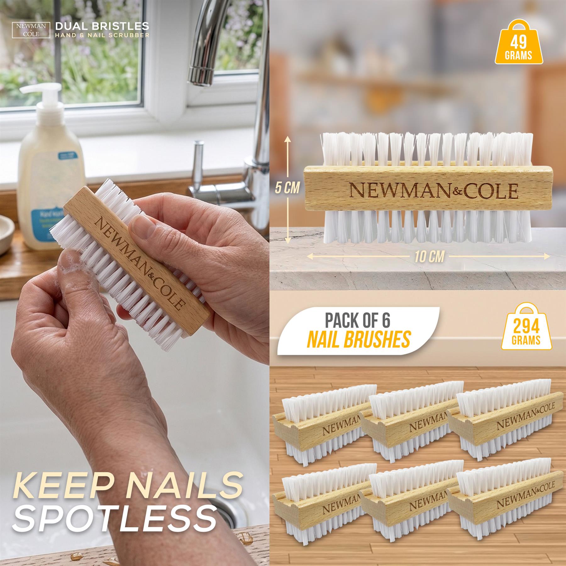 A collage showing a person holding a Newman & Cole dual-bristle nail brush in a kitchen sink setting, with product close-ups, dimensions, pack quantity, and weight callouts on a light neutral background.