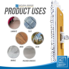 Bamboo floor mop with product uses for various flooring types on a white background