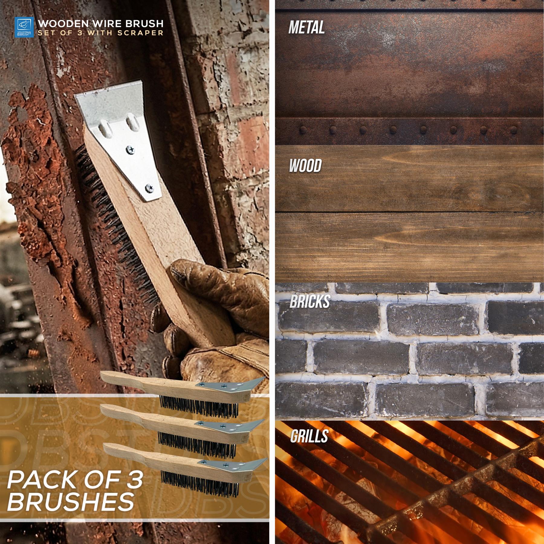 Three-piece wooden wire brush set with stainless steel bristles and metal mounting brackets, shown with labeled use cases including metal, wood, bricks, and grills.