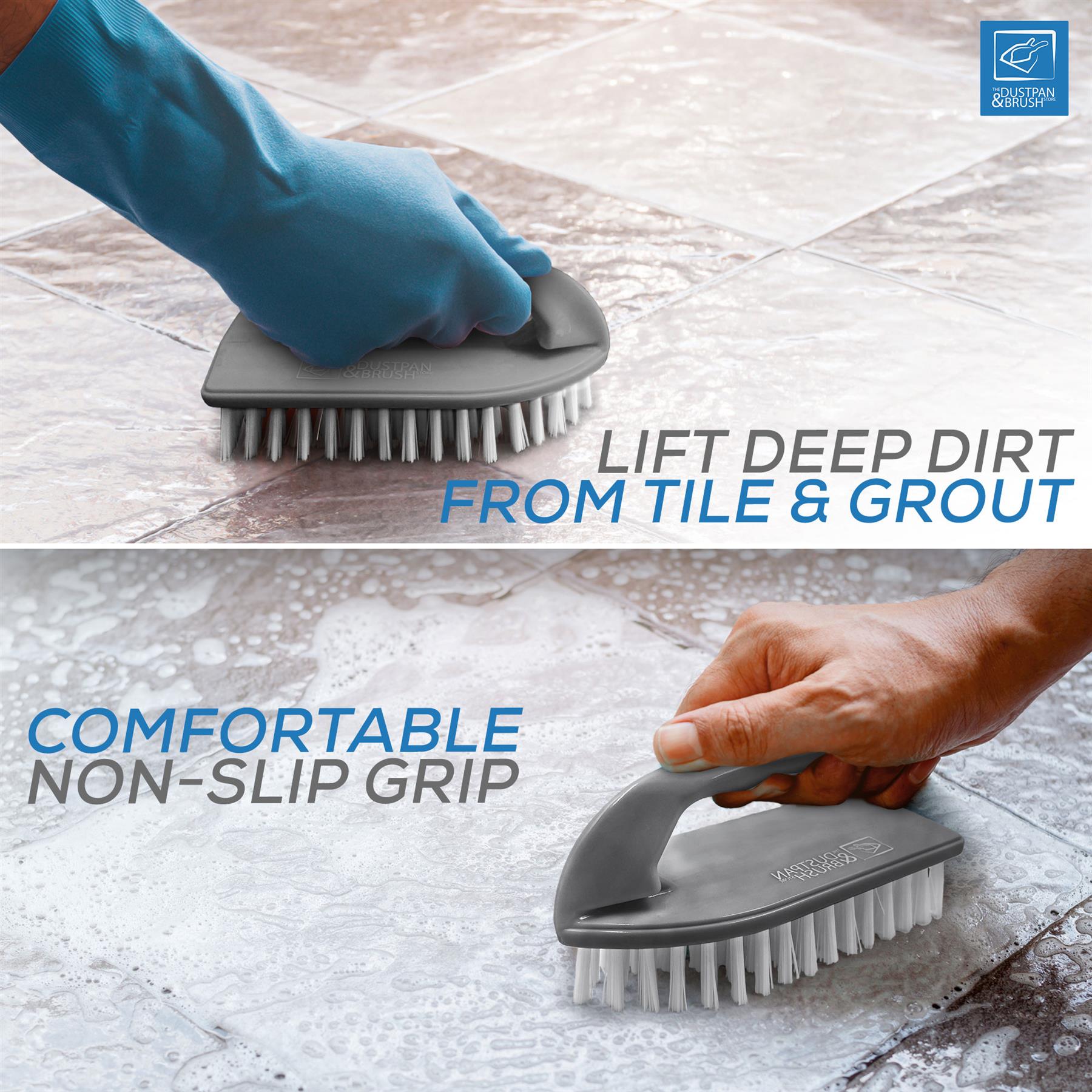 Cleaning brush being used on tile and grout with text highlighting features.