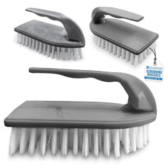 Three grey scrubbing brushes with white bristles on a white background