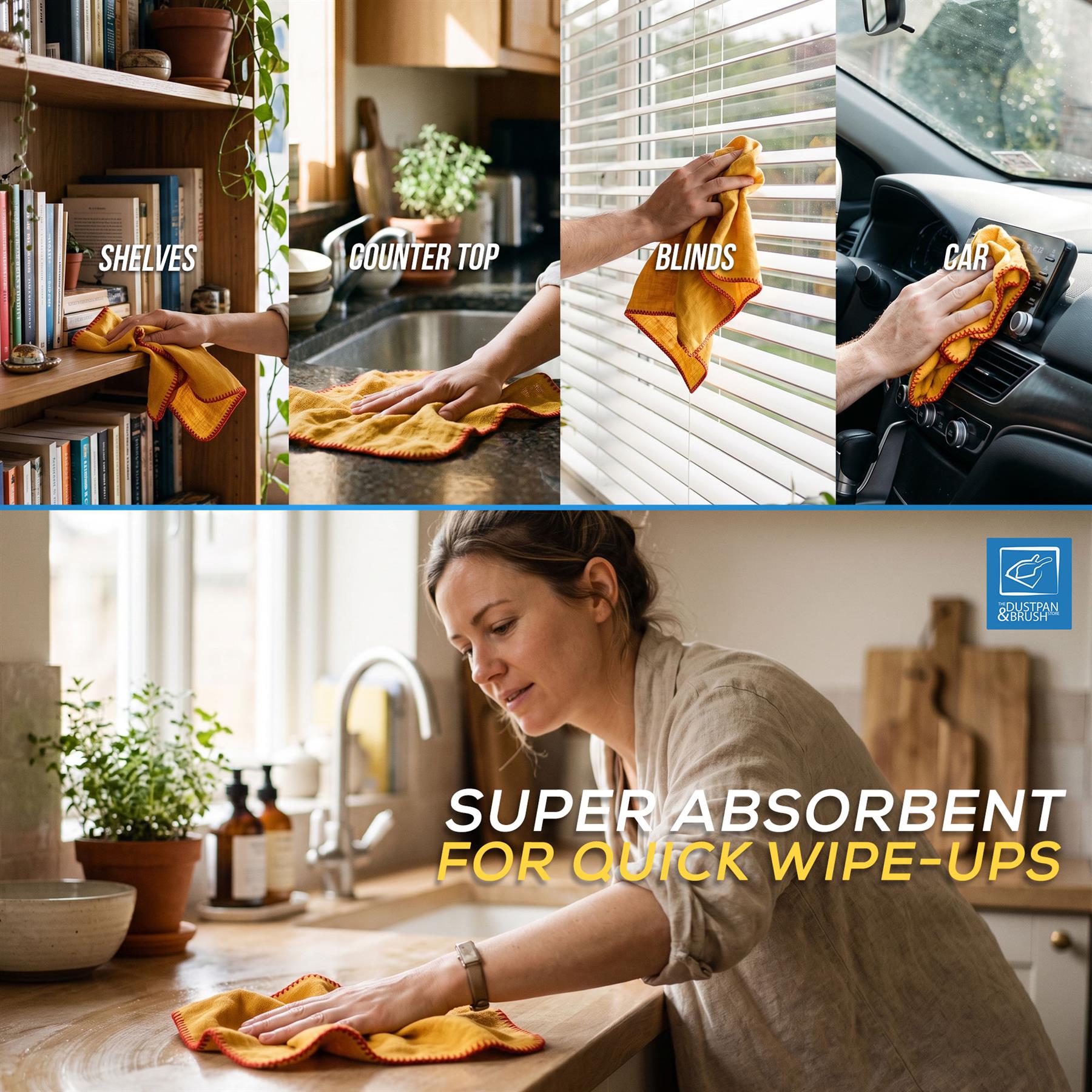A collage showing a woman using an orange-yellow super absorbent wipe cloth in four real-world scenarios: cleaning bookshelves, a kitchen counter top, window blinds, and a car interior. The bottom panel features the text 'SUPER ABSORBENT FOR QUICK WIPE-UPS' and a blue 'WipeUp' brand logo.