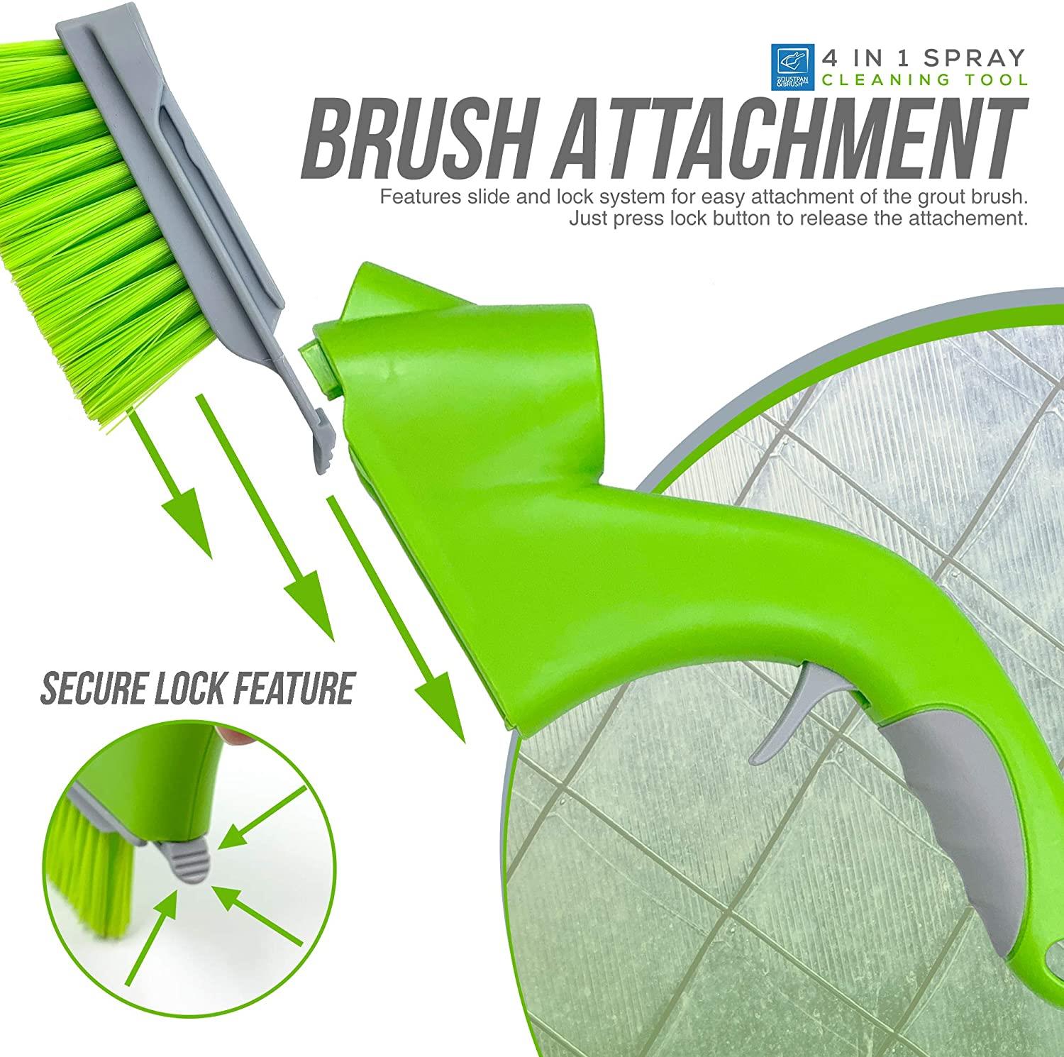 4-in-1 spray cleaning tool with green brush attachment and lock feature on a white background.