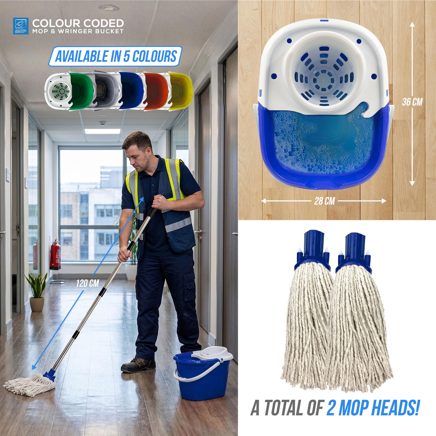 A promotional collage for a cordless mop and bucket set. A man in a hallway mops a wooden floor with a blue bucket and long-handled mop.