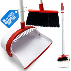 Red and white dustpan and brush set with a blue tag on a white background