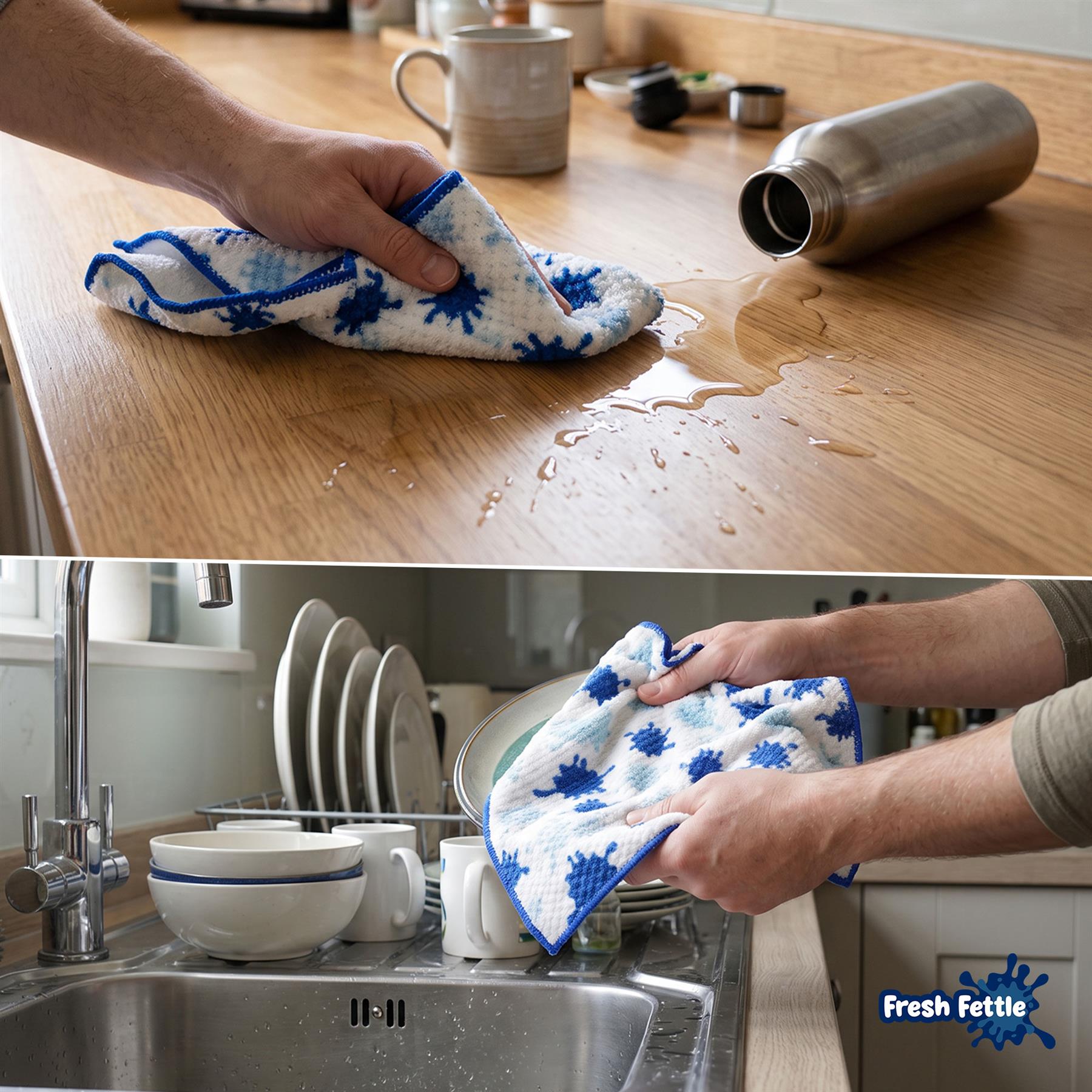 Split promo image with a hand cleaning a water spillage in the top half, and a man washing and drying plates in the bottom half. 