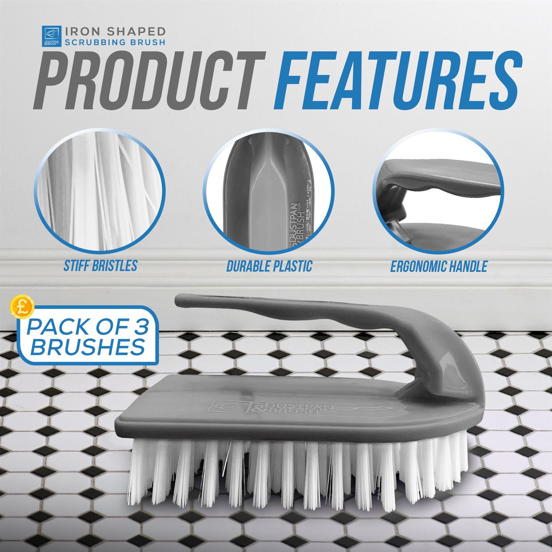 Iron shaped scrubbing brush with product features on a tiled floor background