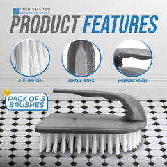 Iron shaped scrubbing brush with product features on a tiled floor background