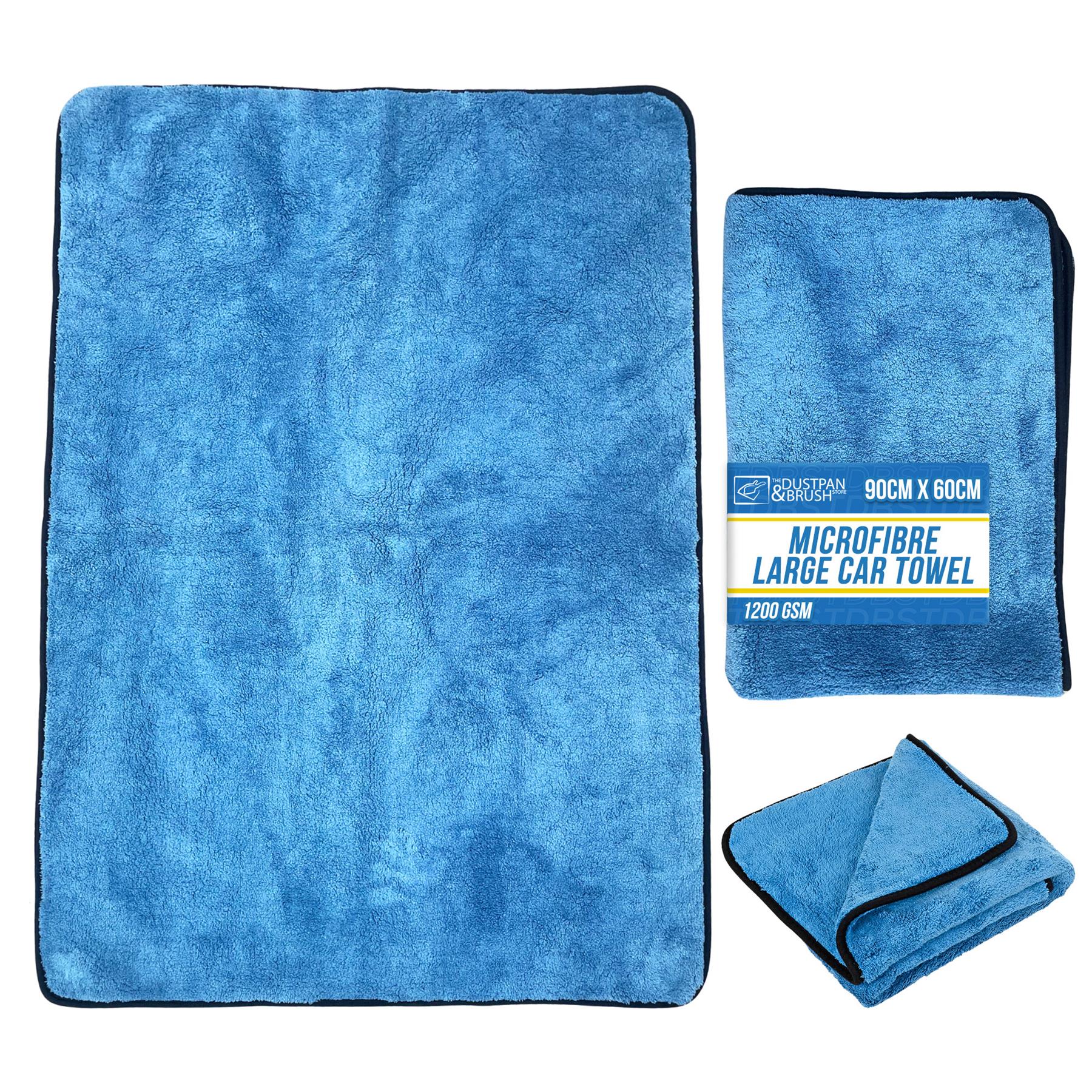 Blue microfibre car towel shown flat, folded, and packaged on a white background. The packaging label reads 'Microfibre Large Car Towel' with dimensions 90cm x 60cm.
