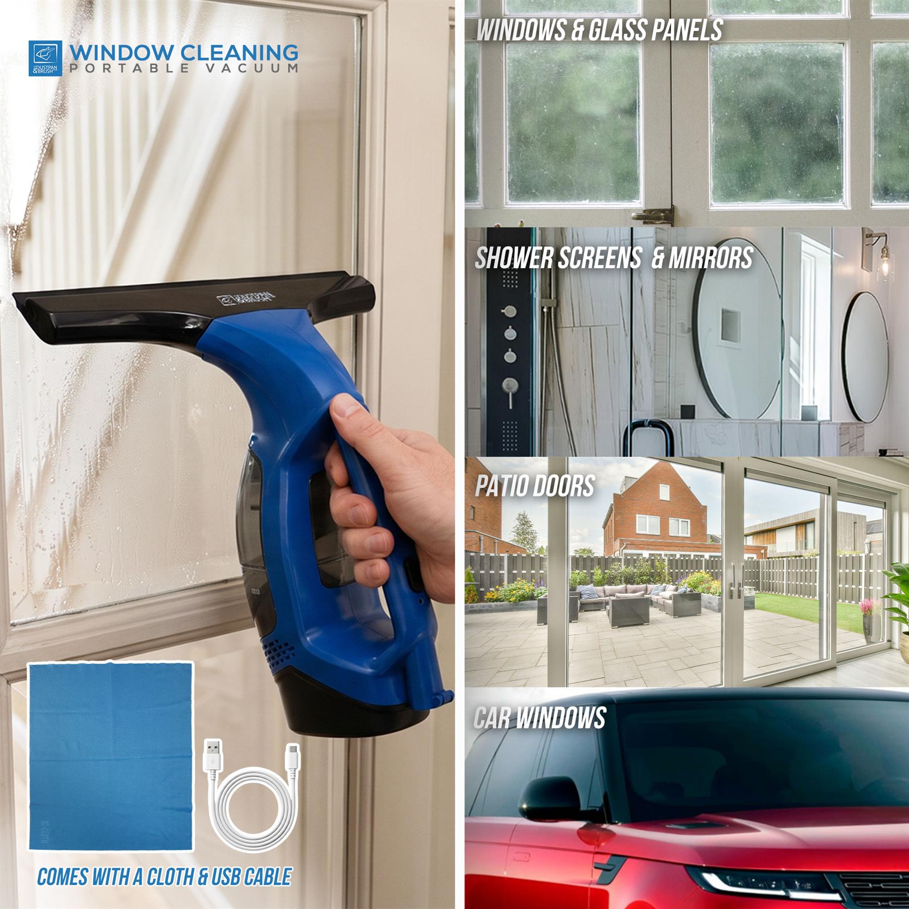 Blue and black portable window cleaning vacuum shown being used on a door, with text labels pointing to windows, glass panels, shower screens, patio doors, and car windows. Includes a cloth and USB cable inset.