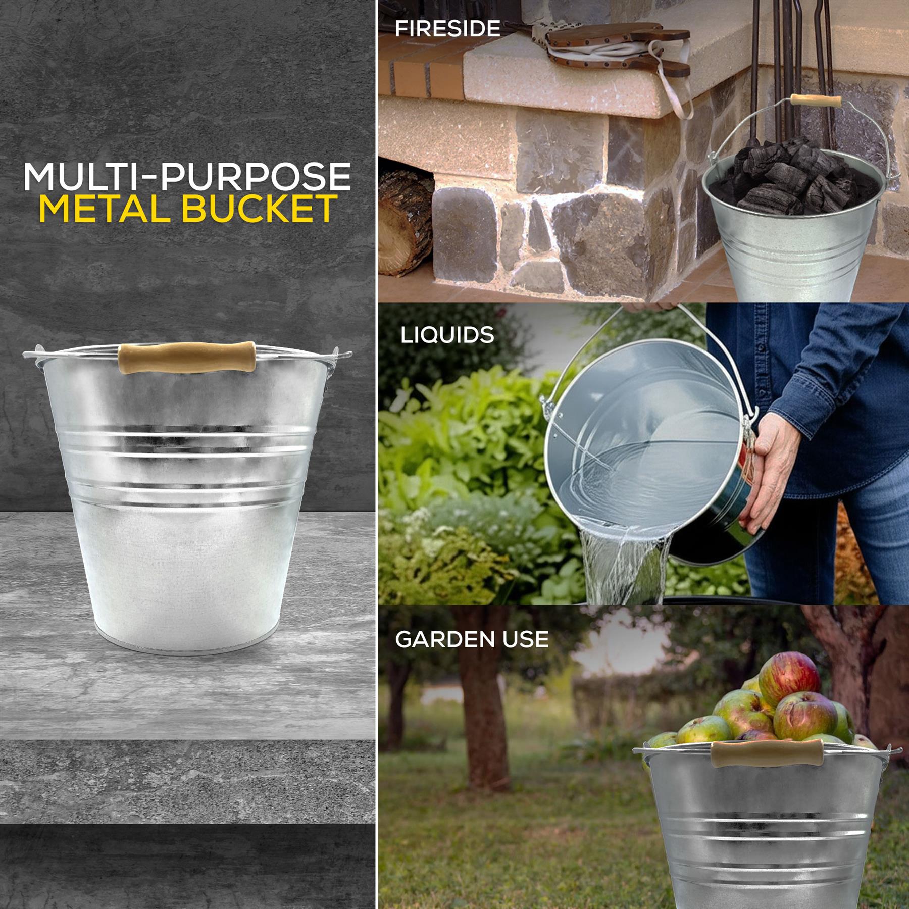 10 Litre Galvanised Steel Metal Bucket with Wooden Handle
