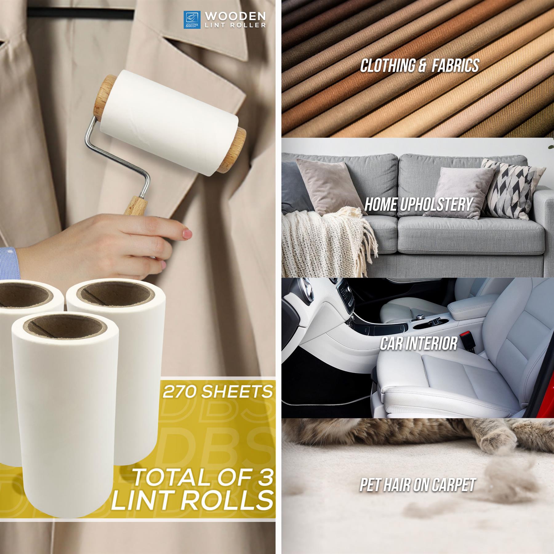 A promotional collage for wooden lint rolls. The left panel shows a hand using a lint roller on a beige blazer, with three white lint roll cores in the foreground and text reading '270 SHEETS' and 'TOTAL OF 3 LINT ROLLS.