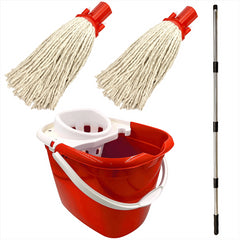 Red Mop Bucket with 2 Cotton Mop Heads and 4 Piece Handle
