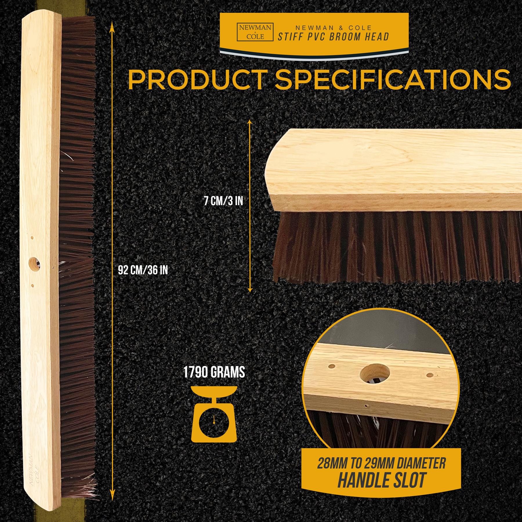 Newman & Cole stiff PVC broom head with product specifications on a black background