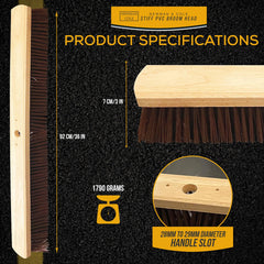 Newman & Cole stiff PVC broom head with product specifications on a black background