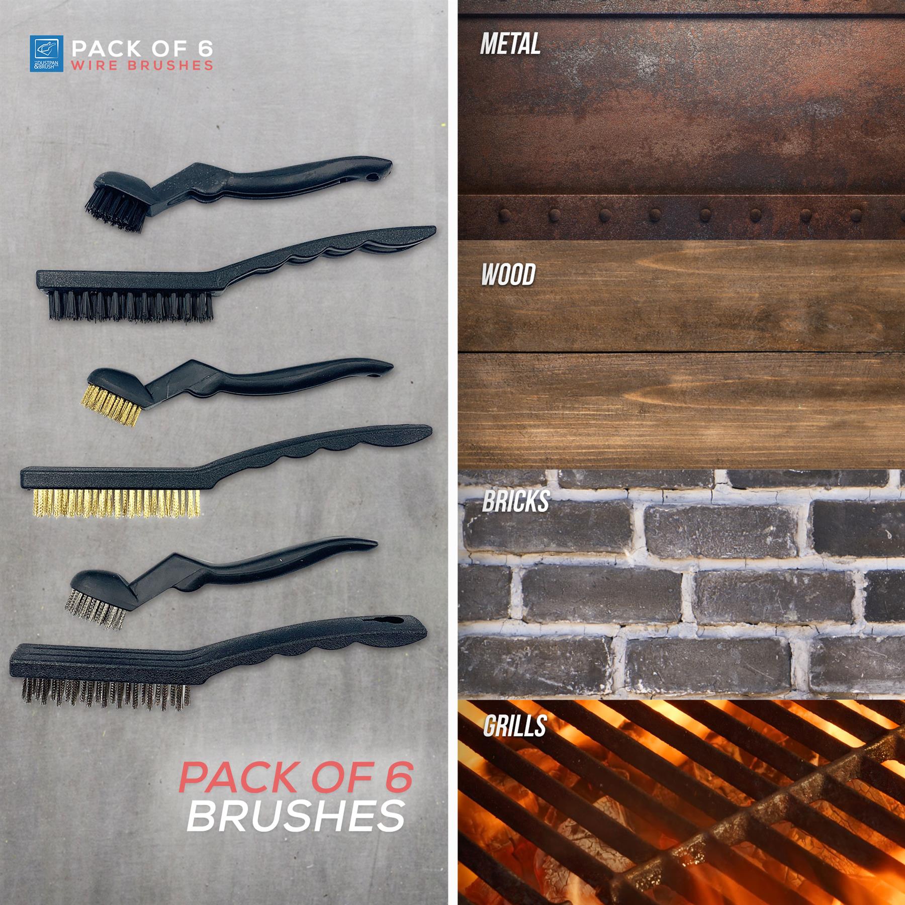 Wire Brush Set Pack of 6 | Steel, Brass & Nylon Brushes