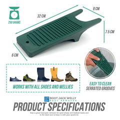 Green boot jack welly remover with product specifications on a white background