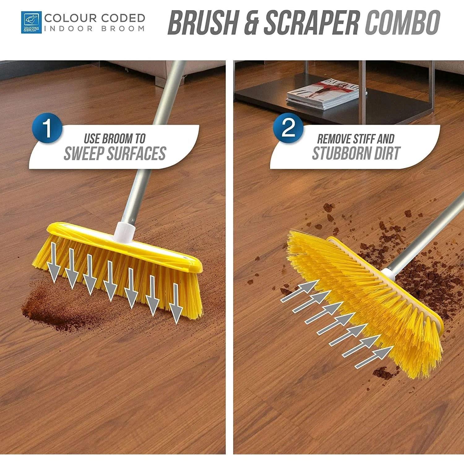 12" Medium Synthetic Broom Head & Handle with Scraper | Colour Coded
