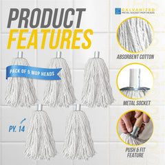 Cotton Mop with Galvanised Socket Fitting - 14 PY - Pack of 5