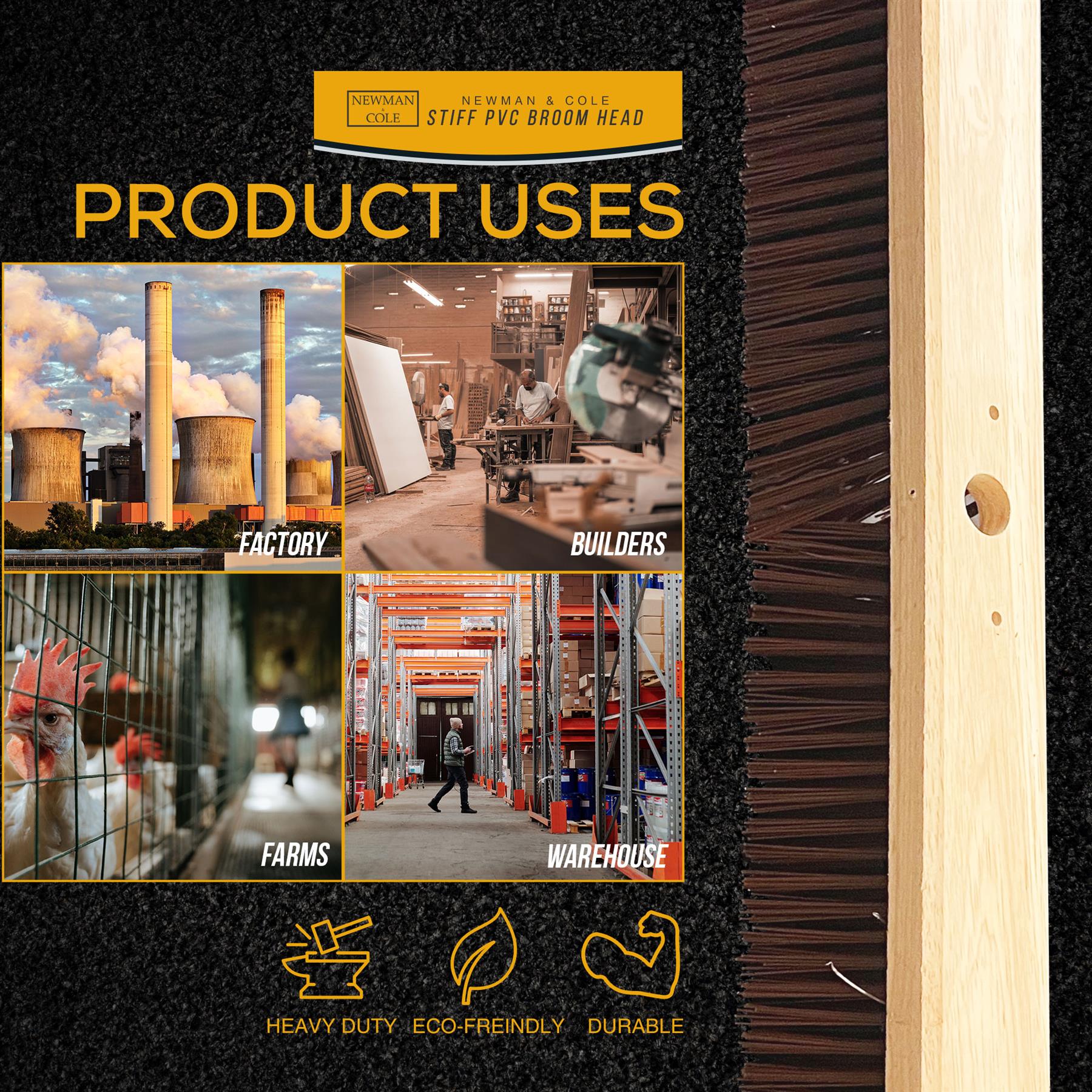 Product uses illustration with images of factory, builders, farms, and warehouse, featuring a broom head on the right.