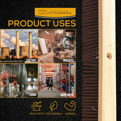Product uses illustration with images of factory, builders, farms, and warehouse, featuring a broom head on the right.