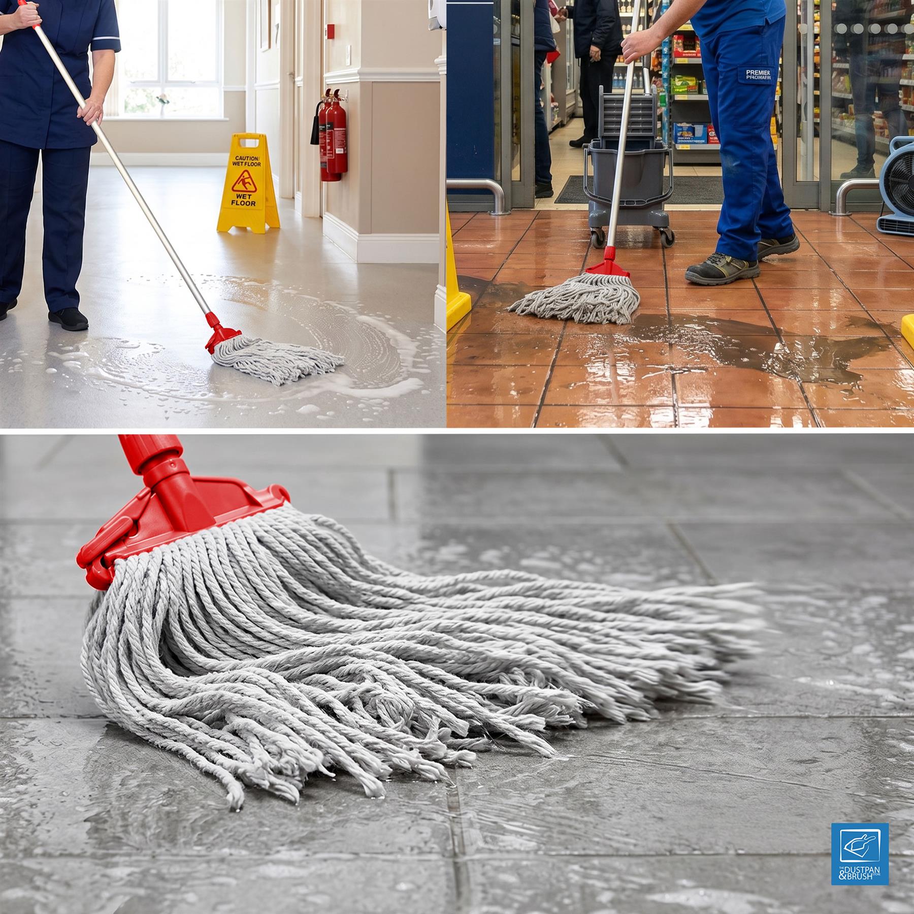 Collage of a person mopping a floor with a close-up of the mop head.