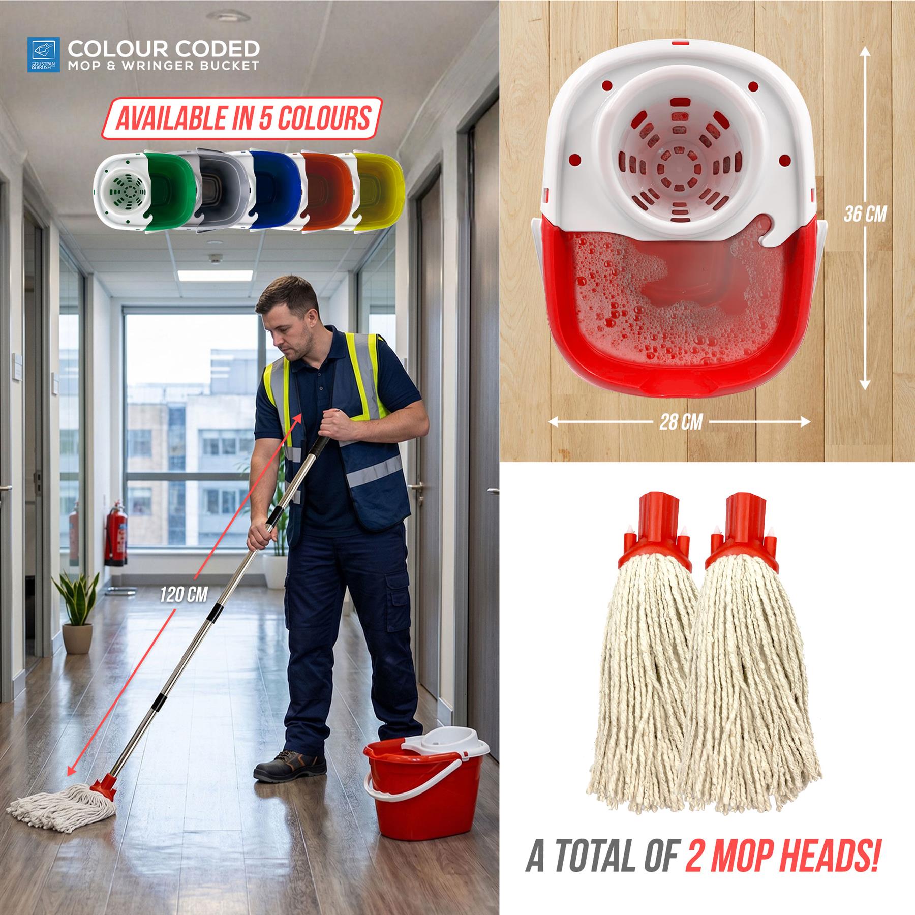 A mop and bucket set shown in a real indoor hallway with a person mopping, plus inset product details: a white-and-red bucket with dimensions, two detachable mop heads, and a color options graphic at the top.