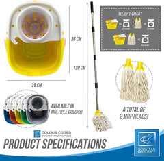 Yellow Mop Bucket with 2 Cotton Mop Heads and 4 Piece Handle