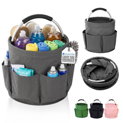 Gray fabric carry bag organizer with a handle, shown filled with cleaning supplies and accompanied by inset views of the bag folded/open and color variants in green, black, and pink on a white background.