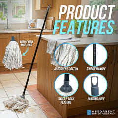 Traditional Cotton Floor Mop features, the image shows that the mop has absorbent cotton, a sturdy handle, a twist and lock feature and a hanging eye for easy storage 