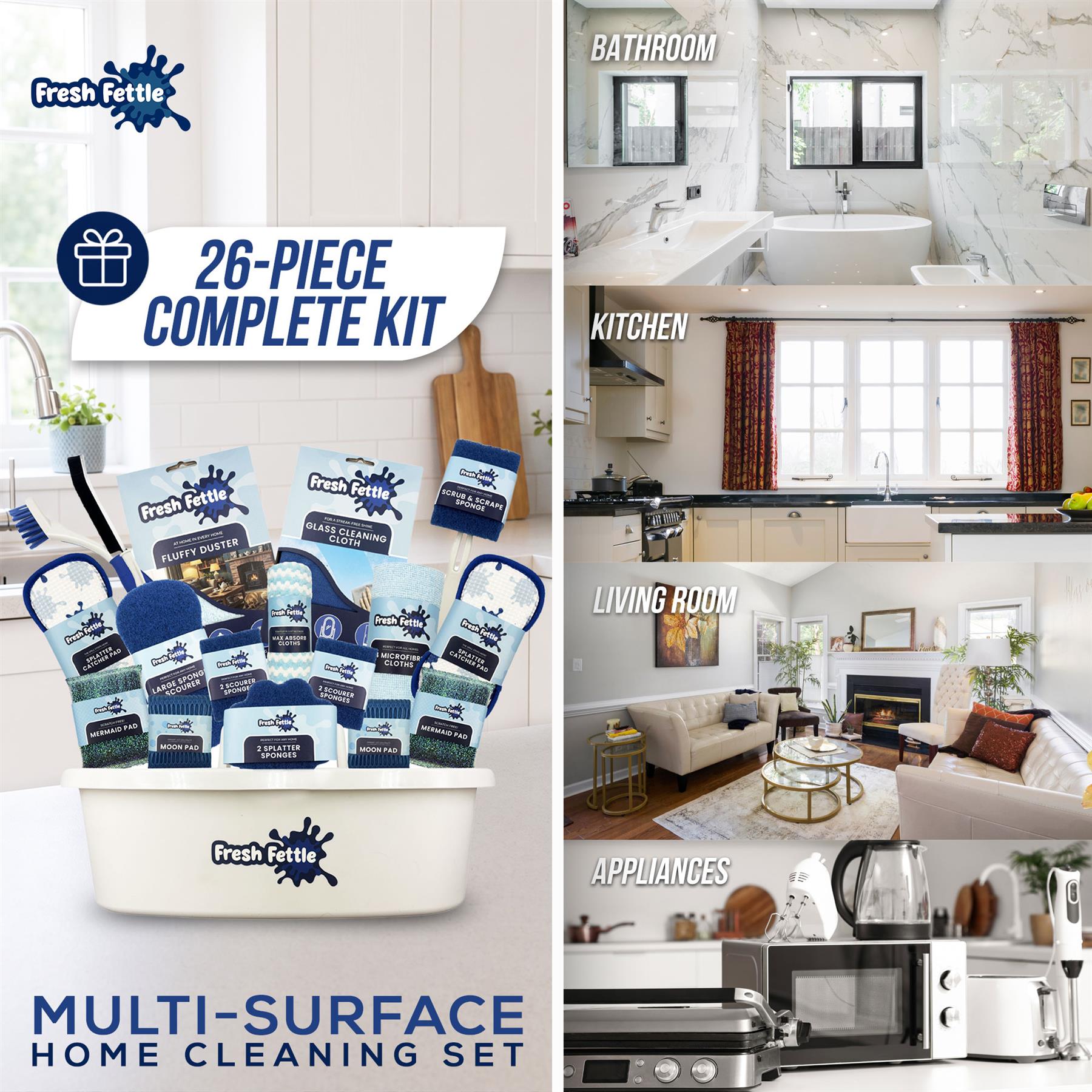A promotional collage for a Fresh Fettle 26-piece complete kit for multi-surface home cleaning. The left side shows the white cleaning bucket filled with multiple packaged cleaning wipes and tools, with the Fresh Fettle logo and text.