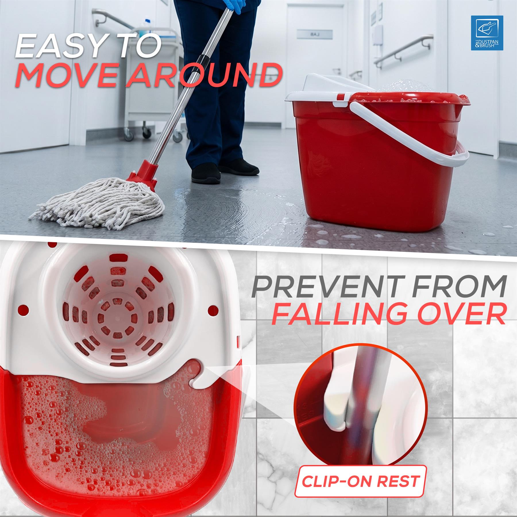 A red and white plastic mop bucket set shown in a bathroom floor-mopping scene, with a person using a twist-mop attachment. The lower panel shows a close-up of the bucket's twist mechanism and text reading 'EASY TO MOVE AROUND' and 'PREVENT FROM FALLING OVER'.