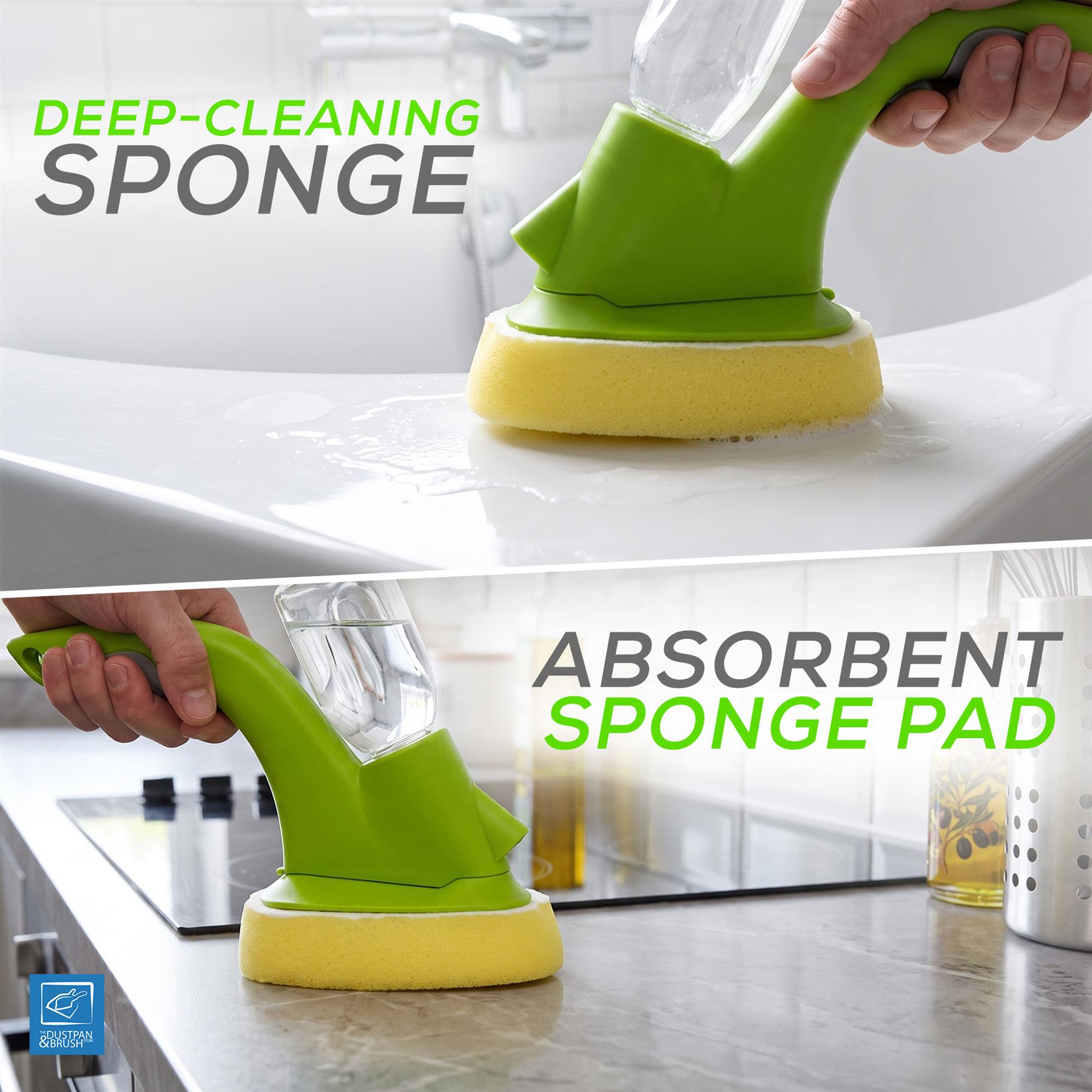 A two-panel product demonstration of a green and yellow handheld deep-cleaning sponge. The top panel shows the sponge being used to clean a white sink with running water, labeled 'DEEP-CLEANING SPONGE'.