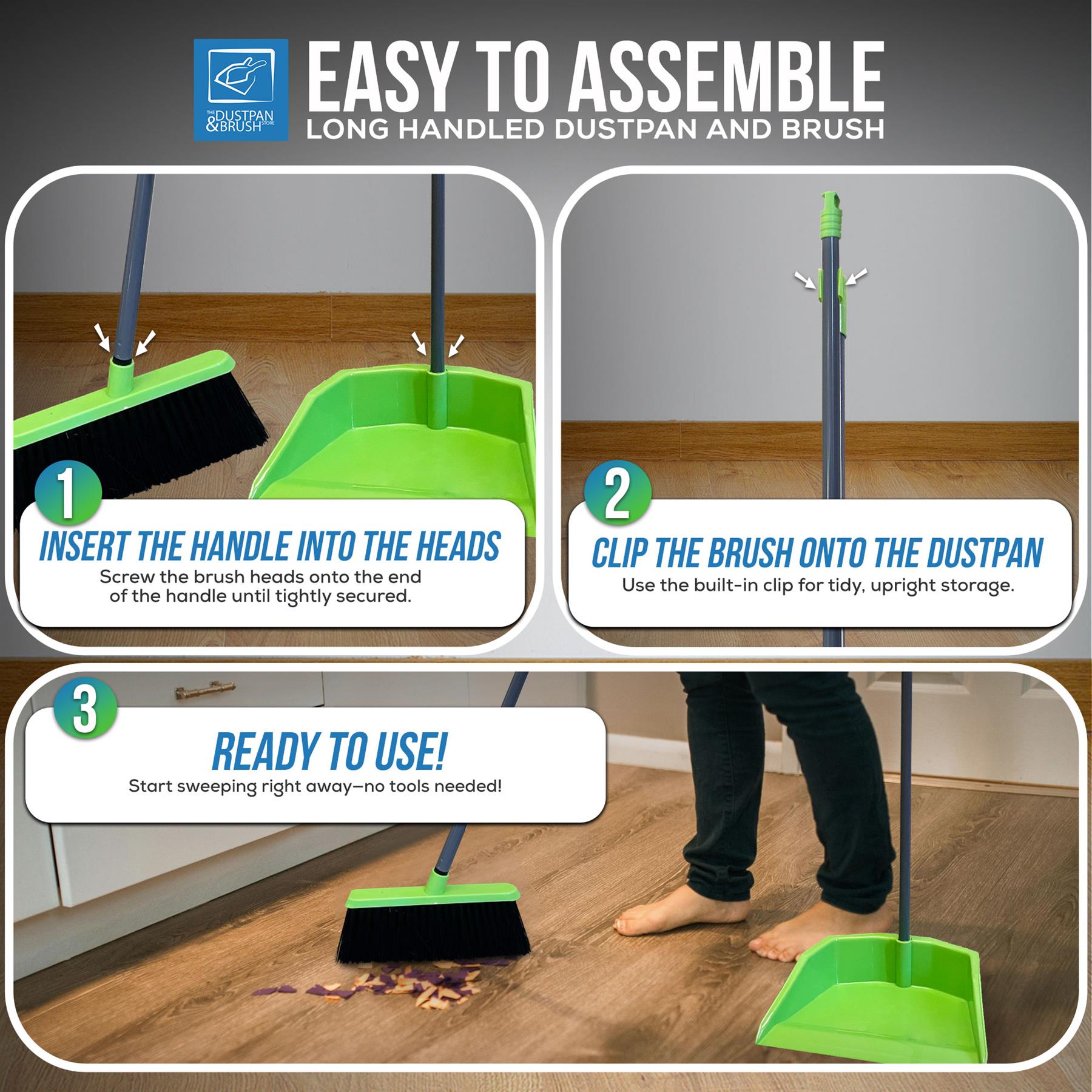 Instructional graphic for a long handled dustpan and brush set. The image shows three steps: inserting the handle into the dustpan head, clipping the brush onto the dustpan, and using the product on a wood floor.