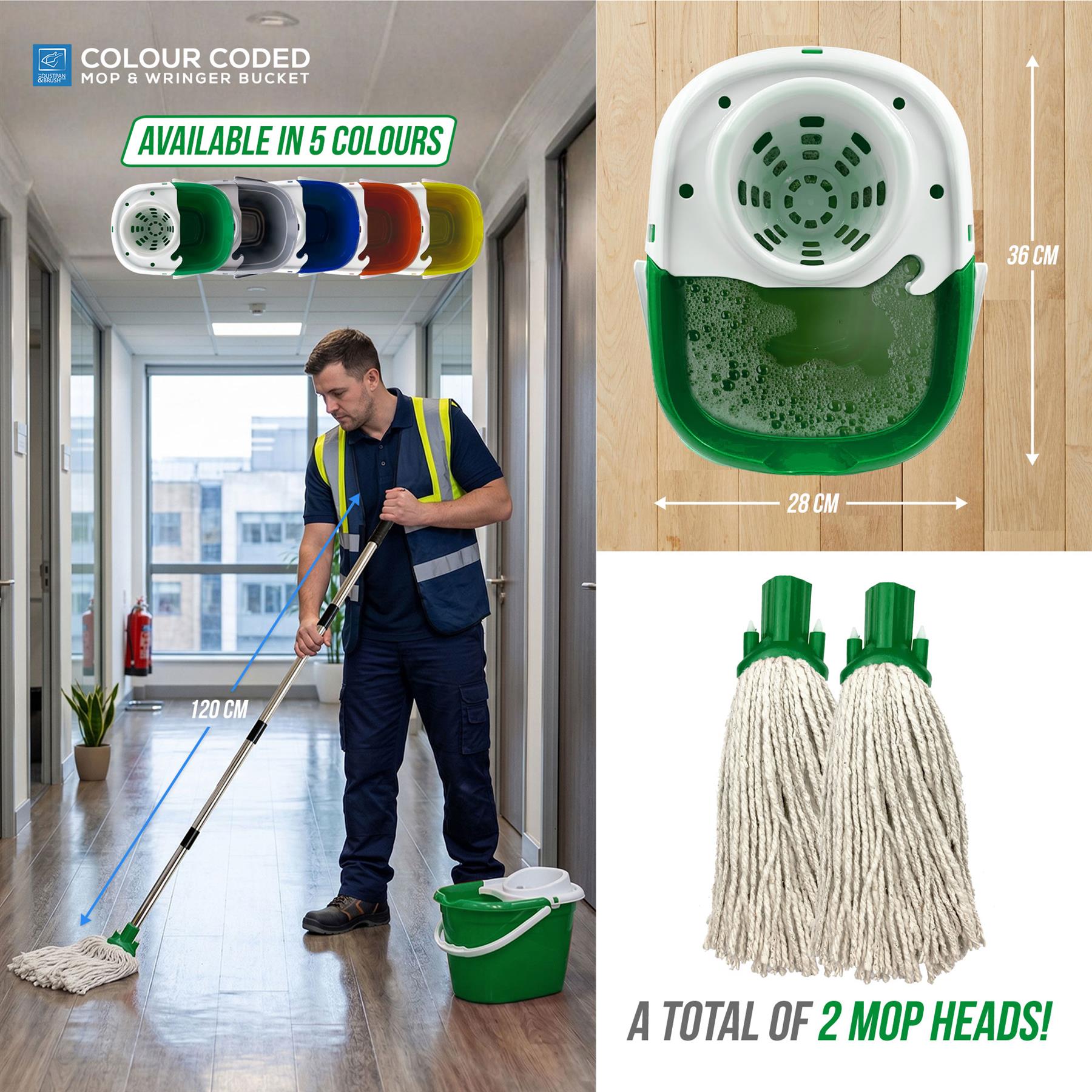 A promotional collage for a wet mop set. On the left, a man mops a wooden floor in a hallway, with a green bucket and mop visible.